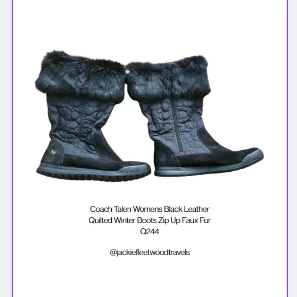Coach Talen Womens Black Leather Quilted Winter Boots Zip Up Faux Fur Q244